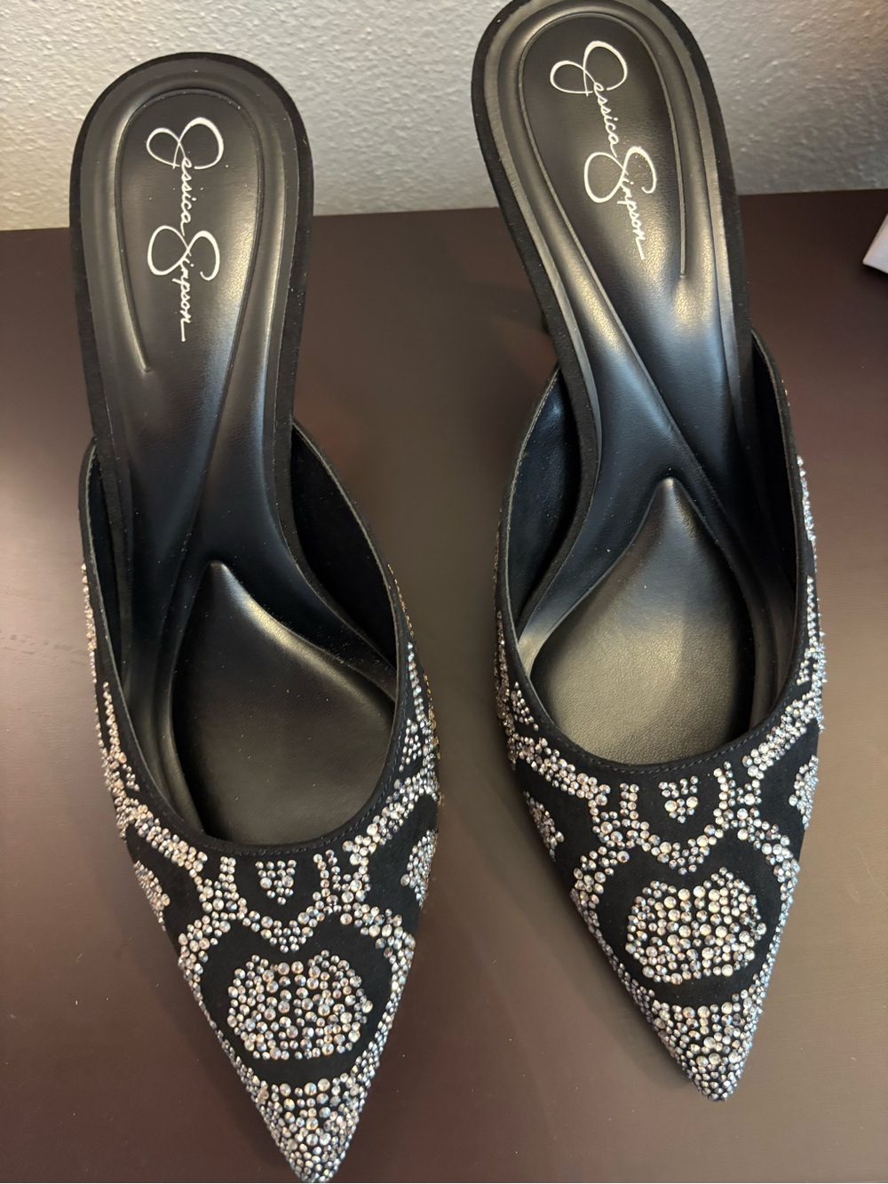 Jessica Simpson Stunning Black Crystal-Embellished Mules Silver Heel
Size 9